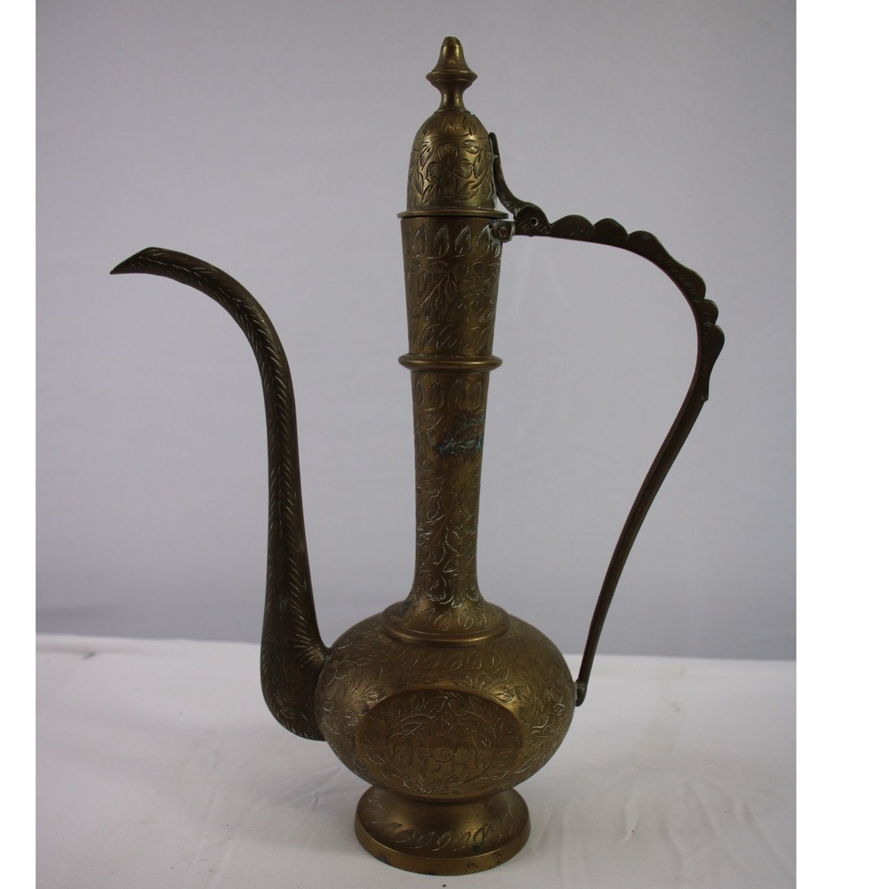 Original Etched Brass Oil Pitcher Teapot or Coffee Pot Stamped India Vintage 11"